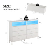 Dresser for bedroom, Fabric White Bedroom Dresser with LED Lights and Charging Station, 6 Long Drawers Dresser, Tall Wide Chest of Drawers Storage Organizer TV Stand for up to 60" TV for Living Room SOOWERY