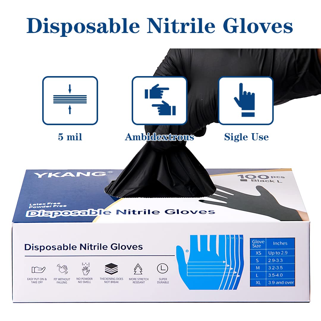YKANG Black Nitrile Gloves,Disposable Gloves Latex Free 100 PCS,Cooking Gloves,Food Prep,BBQ,Household Cleaning Gloves(Large) YKANG