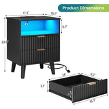 AOGLLATI Fluted Nightstand Set of 2 with Charging Station, Black LED Nightstand with 2 Drawers and Open Storage Cubby, Modern Bedside Table with LED Lights & Metal Handle for Bedroom AOGLLATI