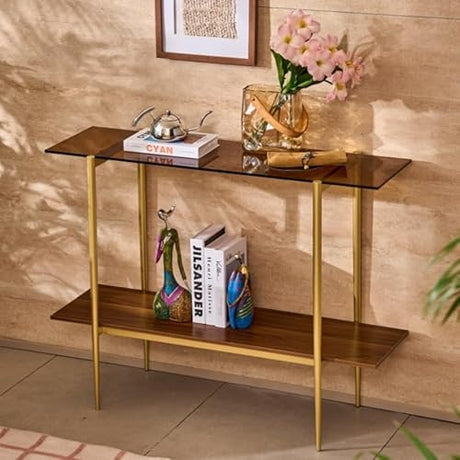 Glass Console Table for Living Room, Foyer & Entrance, 2-Tiers Mid-Century Modern Sofa Table with Amber Glass Top, 41" D x 14" W x 31.5" H, Walnut Finish Wood Shelf and Gold Finish Frame Shrine