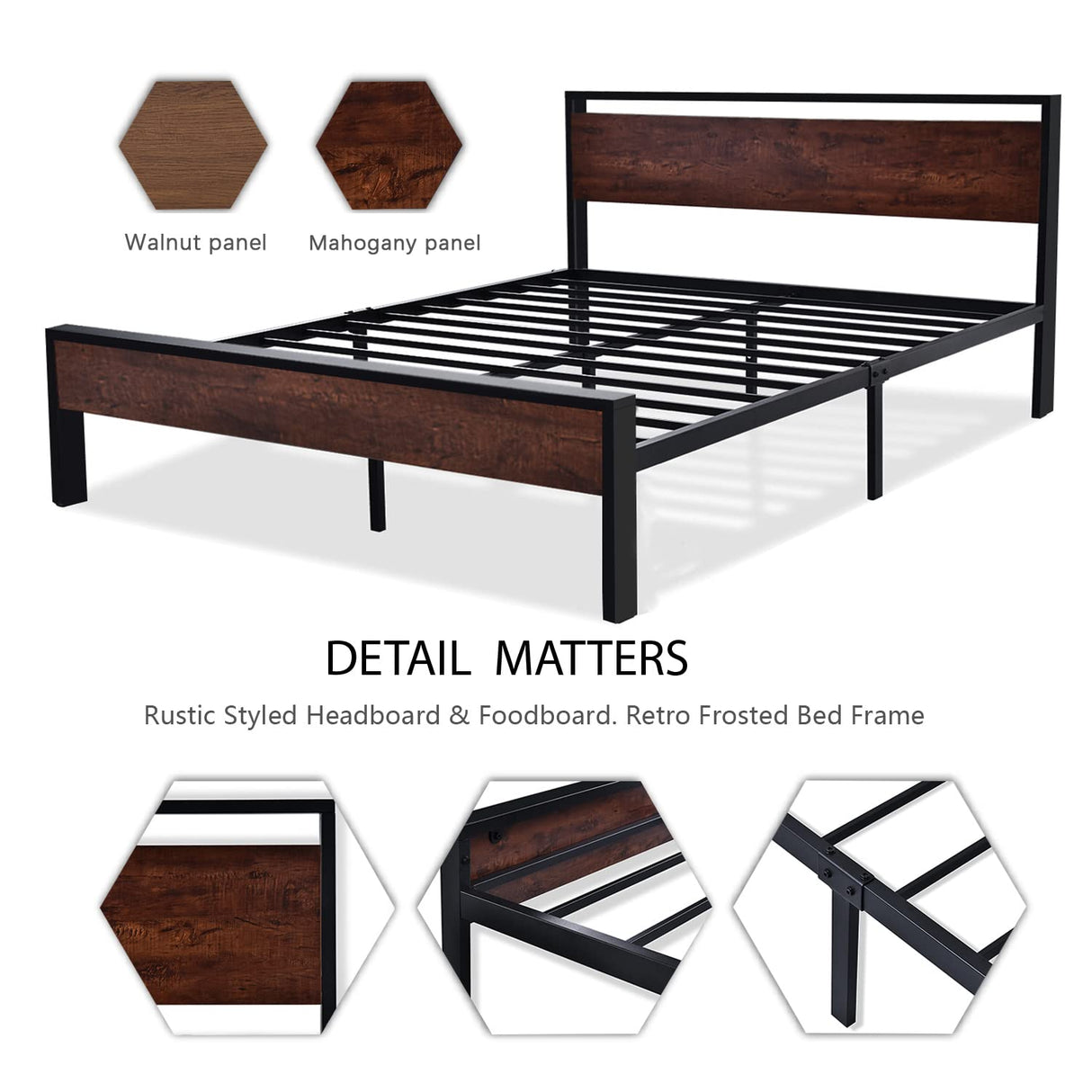 SHA CERLIN 14 Inch King Size Metal Platform Bed Frame with Rustic Wooden Headboard and Footboard SHA CERLIN