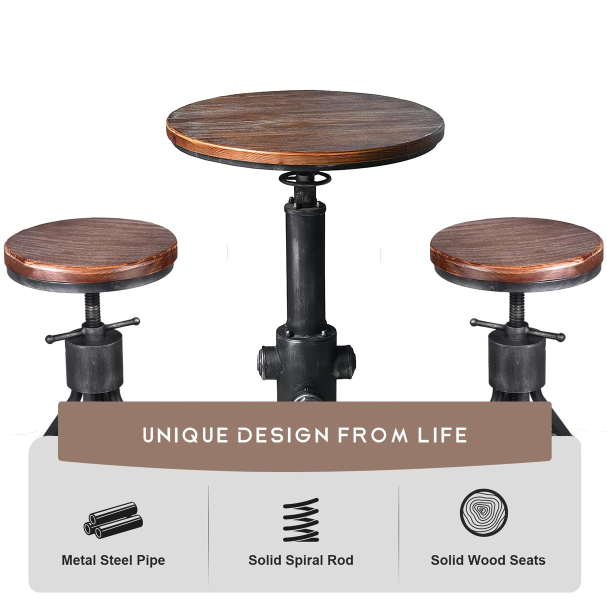 LOKKHAN Industrial Bar Table 38.6"-48.4" Height Adjustable Swivel Round Wood Tabletop 23.7" Dia, Kitchen Dining Office Coffee Bistro Pub Table LOKKHAN