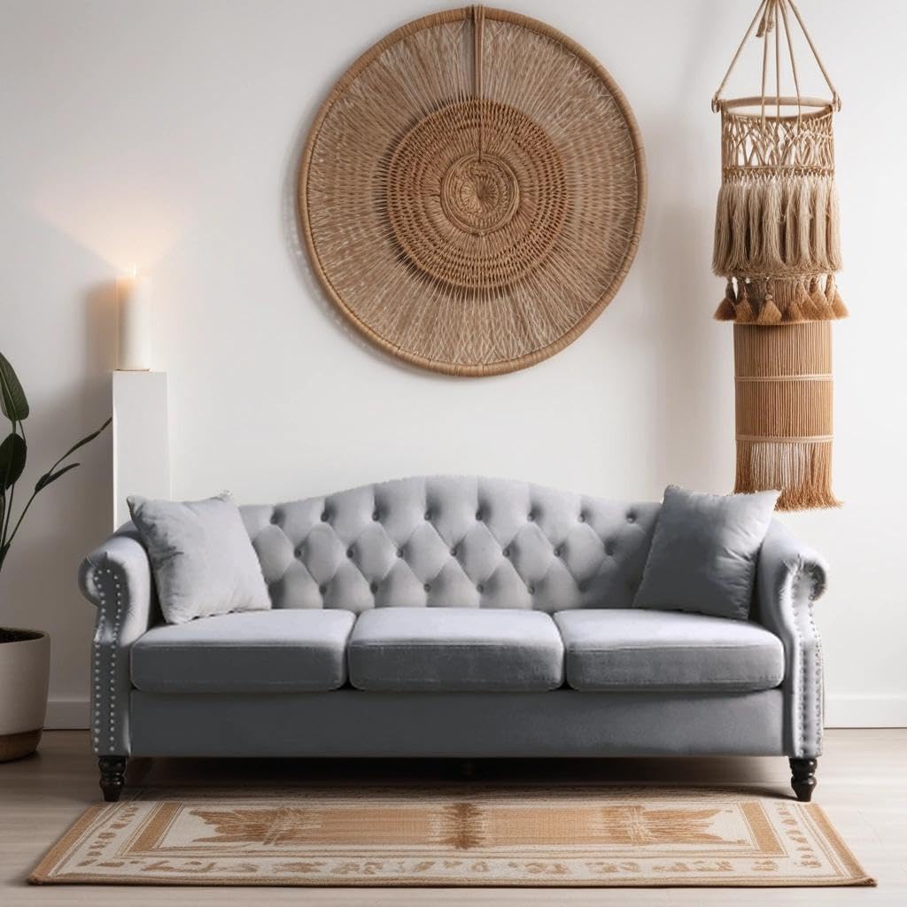 ATUMON 79" Chesterfield Velvet Couch for Living Room, 3-Seater Tufted Sofa with Rolled Arms Nailhead & Two Pillows for Bedroom, Office & Coffee Bar, Gray ATUMON