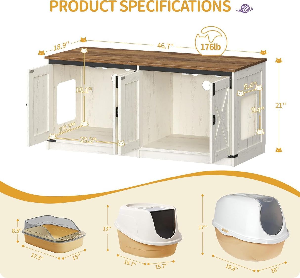 Hzuaneri Cat Litter Box Enclosure for 2 Cats, Hidden Litter Box Furniture Cabinet with Double Room, Indoor Cat House, Farmhouse Style, 46.7 x 18.9 x 21.1 Inches, Rustic Brown and White CB85314X Hzuaneri