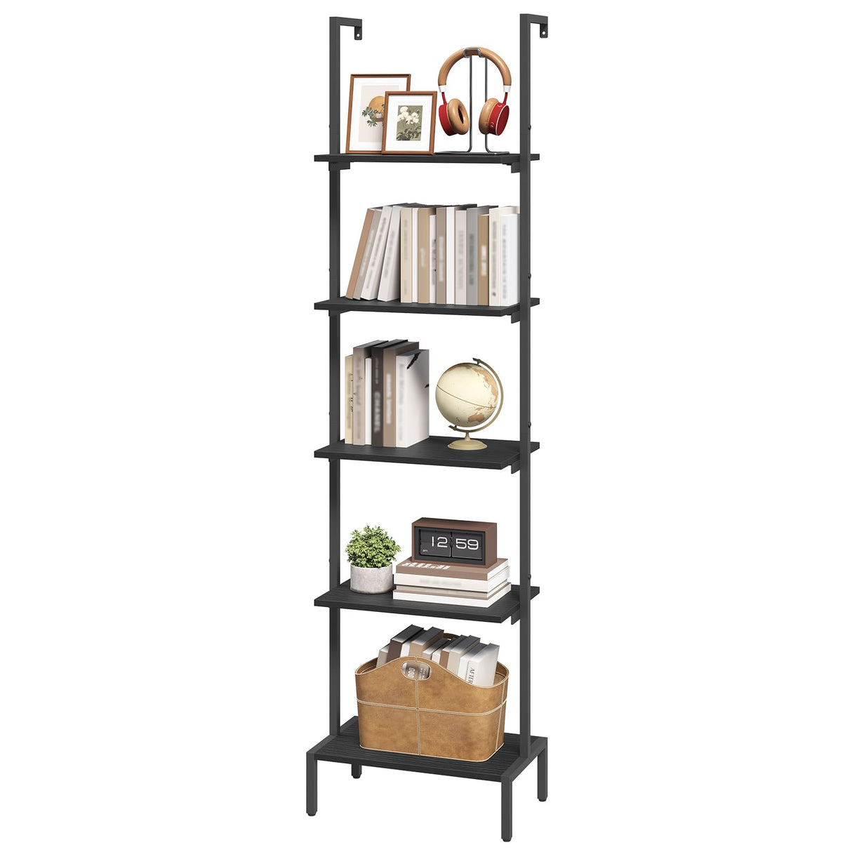 MAHANCRIS 5-Tier Ladder Shelf, Storage Bookshelf with Wall Mount, Heavy Duty Industrial Style Ladder Shelves for Living Room, Office, Kitchen, Bedroom, Black LSBK5501 MAHANCRIS