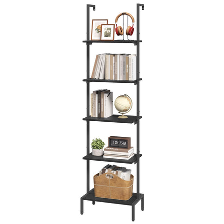 MAHANCRIS 5-Tier Ladder Shelf, Storage Bookshelf with Wall Mount, Heavy Duty Industrial Style Ladder Shelves for Living Room, Office, Kitchen, Bedroom, Black LSBK5501 MAHANCRIS