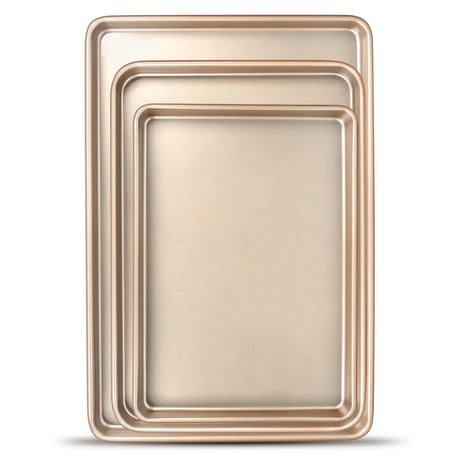 Baking Sheet Pan Set of 3, Commercial Cookie Sheets for Baking, Nonstick Half/Quarter/Jelly Roll Pans Replacement Toaster Oven Tray, Heavy Duty & Easy Clean, Champagne Gold Deedro