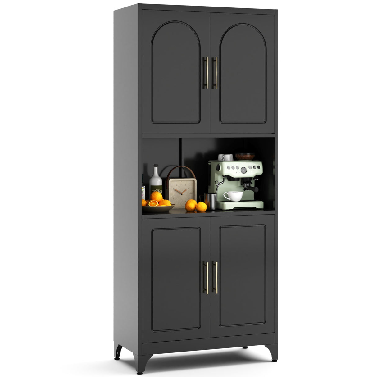 Kubohogar 75" Tall Kitchen Pantry Storage Cabinet, Metal Storage Cabinets with 4 Doors and Adjustable Shelves, Black Kitchen Hutch Cabinet with Microwave Stand, Large Cupboard for Dining Living Room Kubohogar