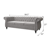 3 Piece Living Room Set, Velvet Chesterfield Sofa Loveseat Couch Chair with Scroll Arms and Nailhead for Living Room, Office (Grey) ORRD