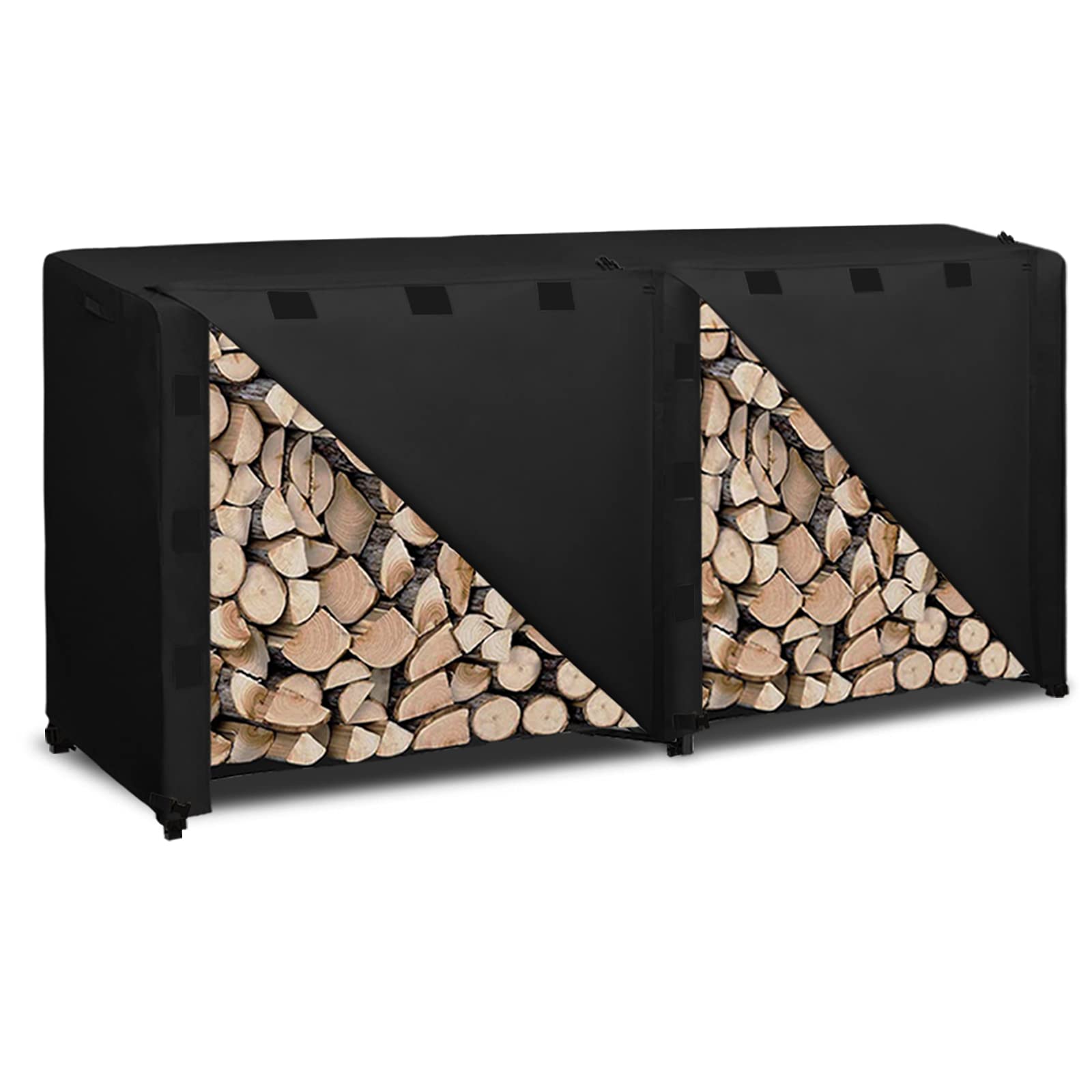 Easy-Going 8 Feet Outdoor Log Rack Cover 600D Heavy Duty Waterproof Weatherproof Firewood Cover with Openable Front Flap（96"x24"x41", Black - WoodArtSupply