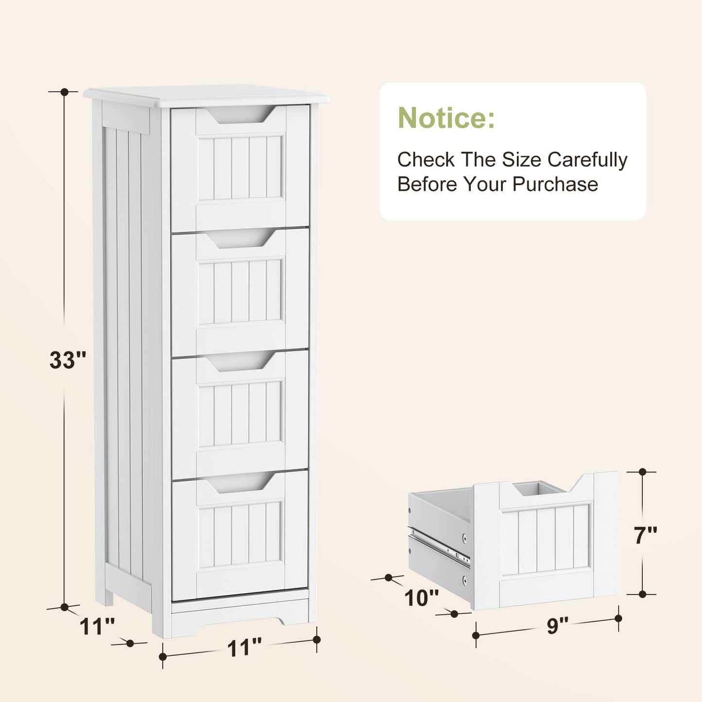 Gizoon 33" Freestanding Small Bathroom Storage Cabinet with 4 Drawers in White - WoodArtSupply