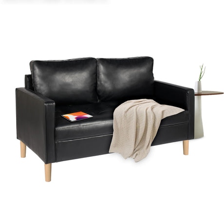 AILEEKISS 57'' Mid-Century Loveseat Faux Leather Sofa Couch with Armrest for Two People Modern 2 Seat Sofa for Living Room (2-Seater, Black) AILEEKISS