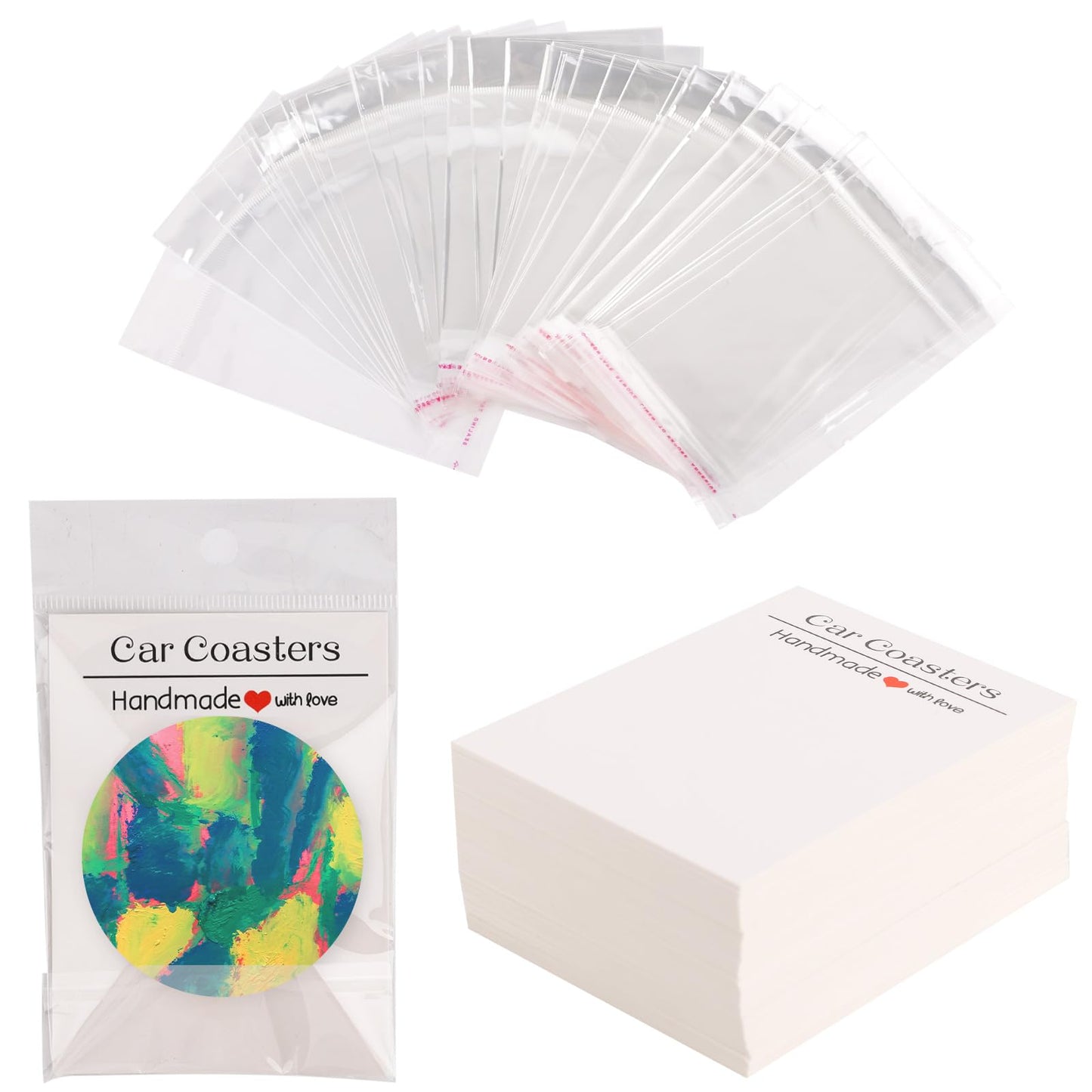 100 Sets Car Coaster Packaging, Includes 100pcs Car Coasters Display Cards & 100pcs Self Sealing Cellophane Bags, Sublimation Coaster Packaging for Selling Car Coasters (Single Pack)