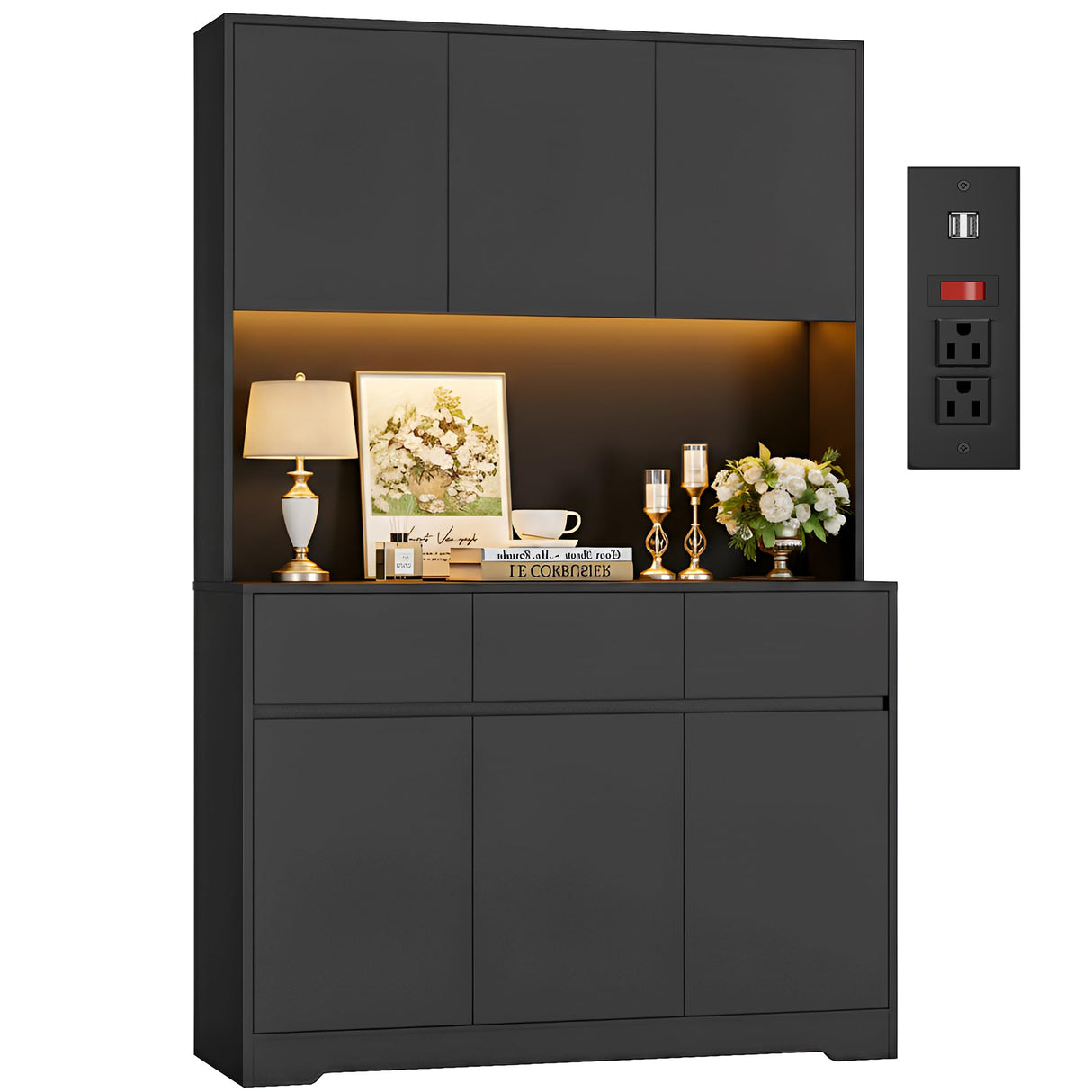 FINETONES 71" Tall Pantry Cabinet with Power Outlets and Led Lights, Large Kitchen Hutch Storage with Microwave Stand, Black Pantry Kitchen Cabinet with Cupboard FINETONES