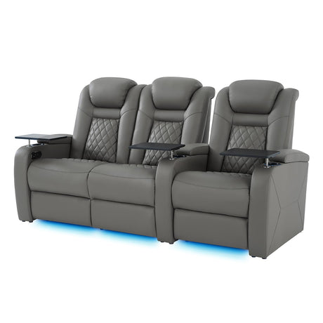 Home Theater Seating, Classic Series Leather Movie Theater Chairs, Power Headrest and Memory with C-Type USB Charger, 7-Color Ambient Lighting and Tray Table, Gray Power Adjustable Recliner(Row of 3L) soothroom