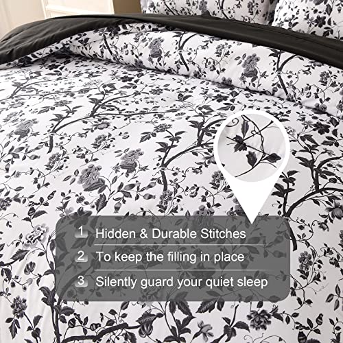 LLDSYW King Size Comforter Set - 7 Pieces Bed in a Bag Soft Microfiber Bedding Comforter Set Leaves Floral Pattern on White Comforter Sets with Sheets for All Seasons (King, Black) LLDSYW