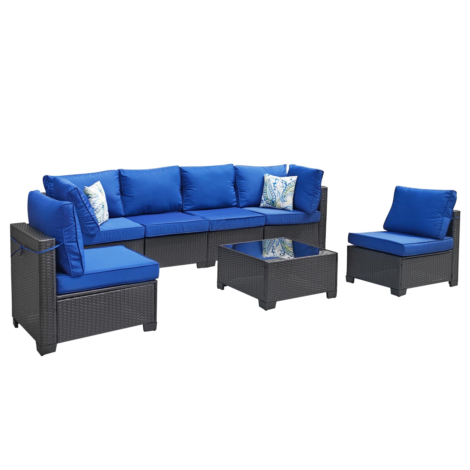 7 Pieces Outdoor Rattan Wicker Patio Set with Coffee Table, Armless Seats and Corner Seats, 2 Pillows Included,Sectional Furniture Chair Set，Coffee/Blue… - WoodArtSupply