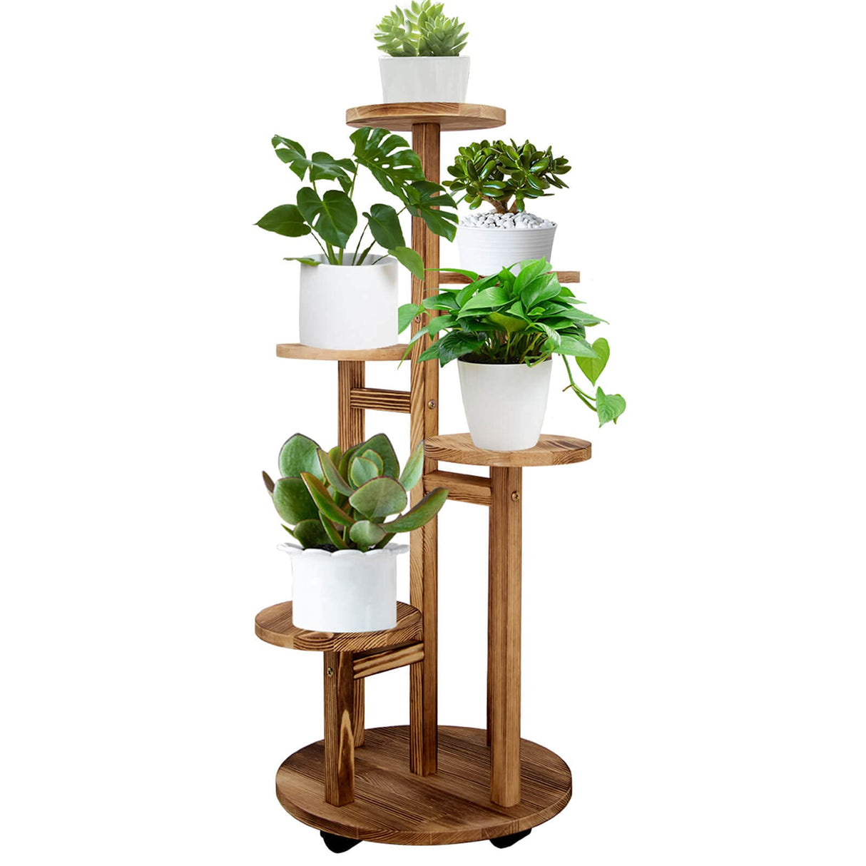 GEEBOBO 5 Tiered Tall Plant Stand for Indoor, Wood Plant Shelf Corner Display Rack, Multi-tier Planter Pot Holder Flower Stand for Living Room Balcony Garden Patio (Walnut) GEEBOBO