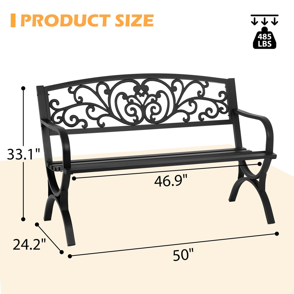 PayLessHere Black Outdoor Metal Loveseat Chairs Patio Garden Bench 50-inch Slatted Seat Armrests Floral Design Plastics Backres Perfect for Park, Yard, Porch, Lawn, Balcony, Backyard PayLessHere