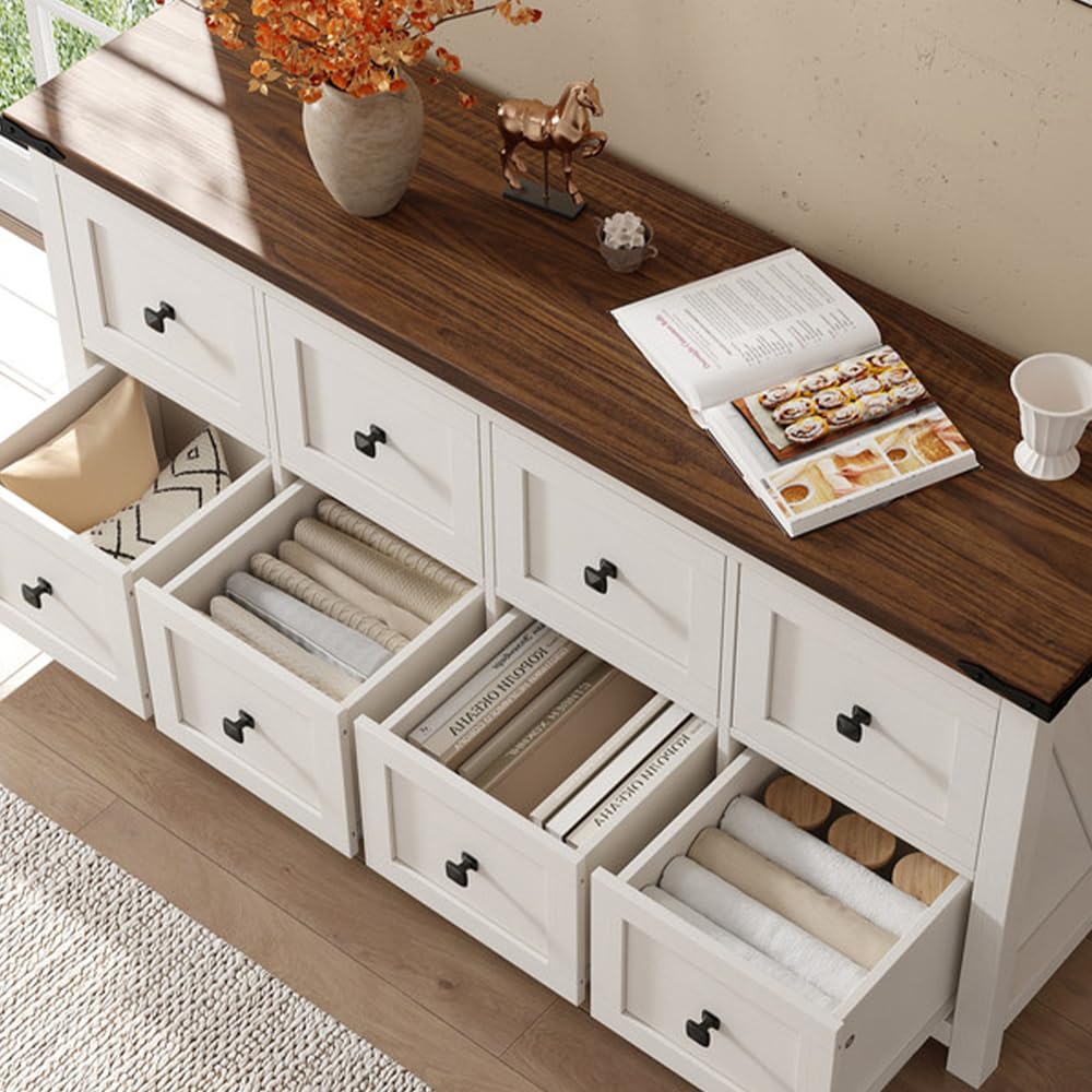 EnHomee Farmhouse 8 Drawer Dresser for Bedroom,Wood Dressers and Chests of Drawers with Texture TV Stand for Bedroom, Hallway, Closet,Antique White EnHomee
