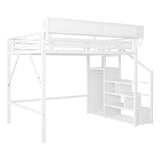 FEIOMKSS Queen Size Loft Bed with Stairs and Storage Metal Loft Bed Frame with Bedside Shelf and Large Under-Bed Space, Heavy-Duty Bed for Adults (White+Iron, Queen) FEIOMKSS