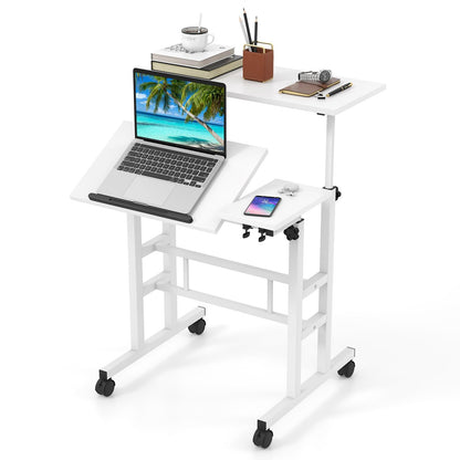 Tangkula Mobile Standing Desk Stand Up Desk, Height Adjustable Home Office Desk with Standing & Seating 2 Modes, Tilting Tabletop & Flexible Wheels, Rolling Laptop Cart Sit Stand Desk (White)