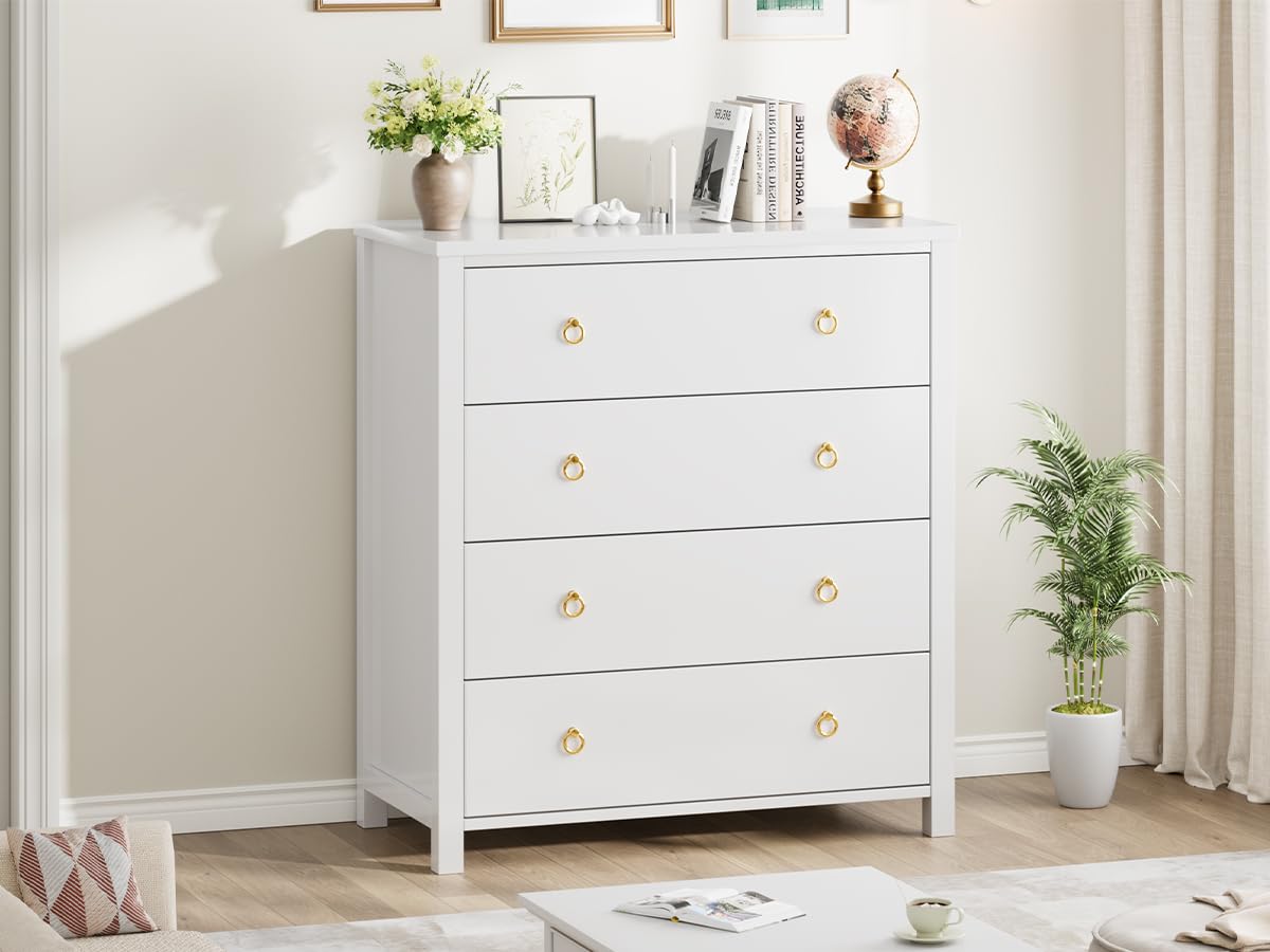IDEALHOUSE Dresser for Bedroom, Chest of Dressers 37" Tall Dresser for Closet with 4 Drawers Chest with Clothes Storage Cabinet, Drawer Organizer for Bedroom, Living Room, Closet, Hallway, White IDEALHOUSE