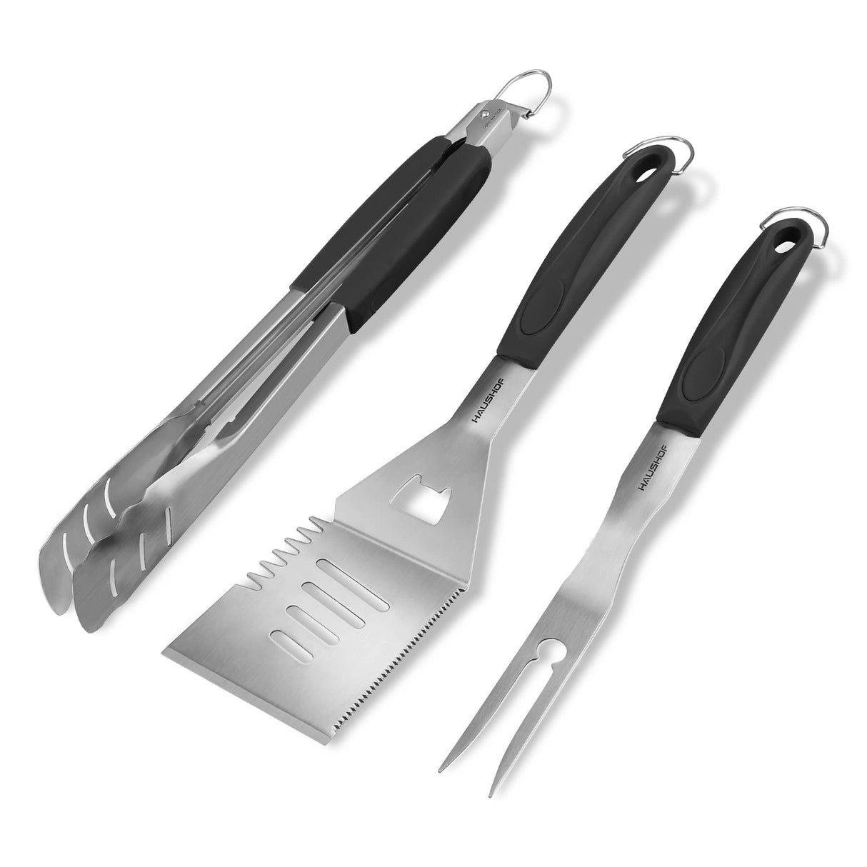 HAUSHOF Large Grill Accessories Heavy Duty BBQ Set Gifts for Men/Women - Premium Stainless Steel Spatula, Fork & Tongs (16.5/16/16.5 in.), Barbecue Utensils Tool Kit Gift for Grilling Lover Outdoor HAUSHOF