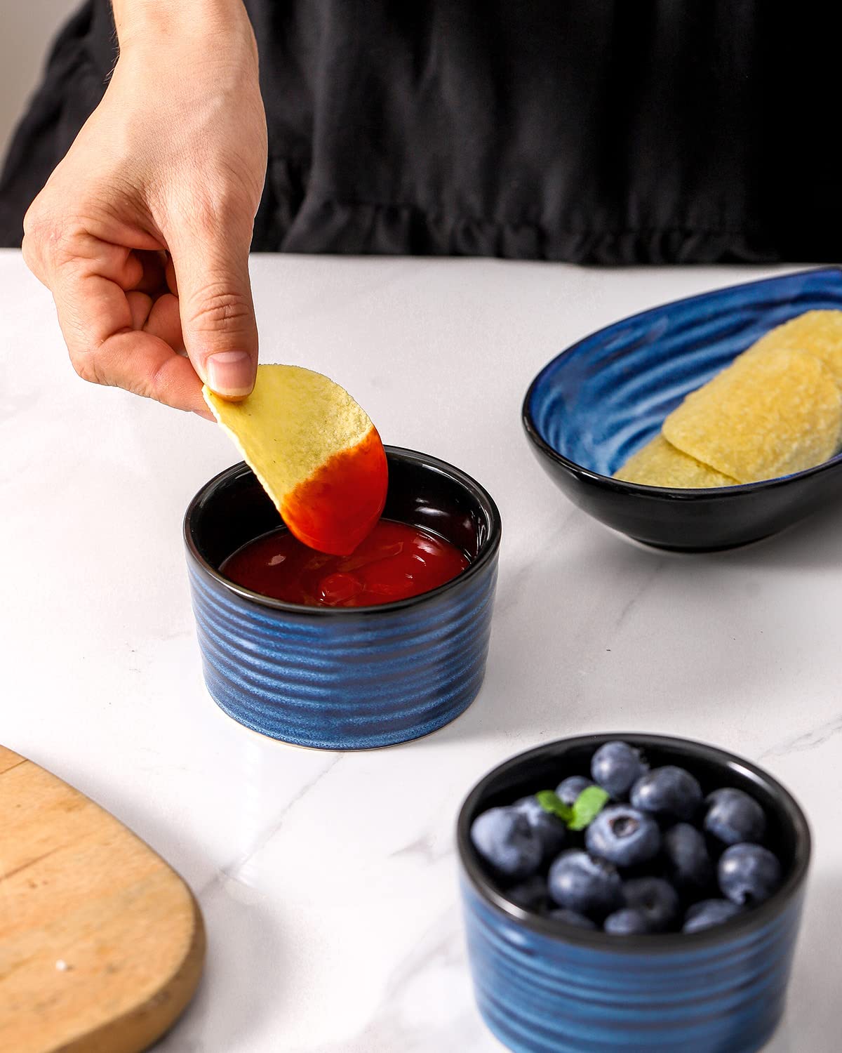 Hasense 6 oz Ramekins for Baking,Ceramic Souffle Dish Oven Safe Set of 6,Porcelain Dipping Sauce Bowls for Pudding, Creme Brulee, Souffle, Serving Dip, Custard, Ice Cream(Blue) Hasense