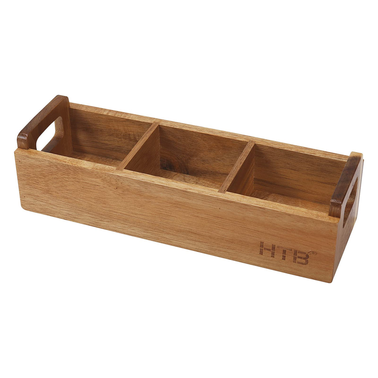 HTB Small Tea Bag Box Wooden, 3 Compartments Acacia Wood Tea Bag Chest with Handle, Mini Countertop Divided Storage Container for Beverage Supplies, Sugar, Sweeteners, Individual Packets HTB