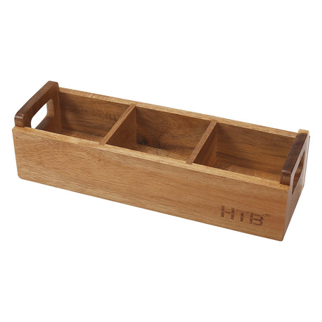 HTB Small Tea Bag Box Wooden, 3 Compartments Acacia Wood Tea Bag Chest with Handle, Mini Countertop Divided Storage Container for Beverage Supplies, Sugar, Sweeteners, Individual Packets HTB