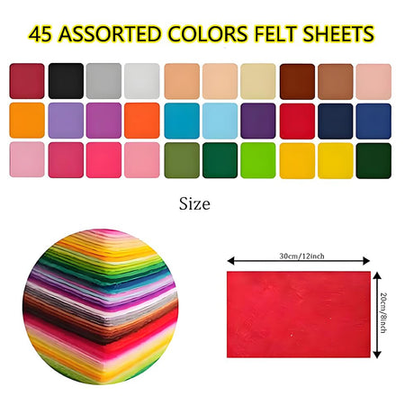 45Pcs Felt Fabric Sheet for Sewing-Assorted Colors Soft Felt Sheets for Crafts DIY Patchwork Sewing School Projects Party Decoration (15x15cm) VINTAGE EMBROIDERY V.E.