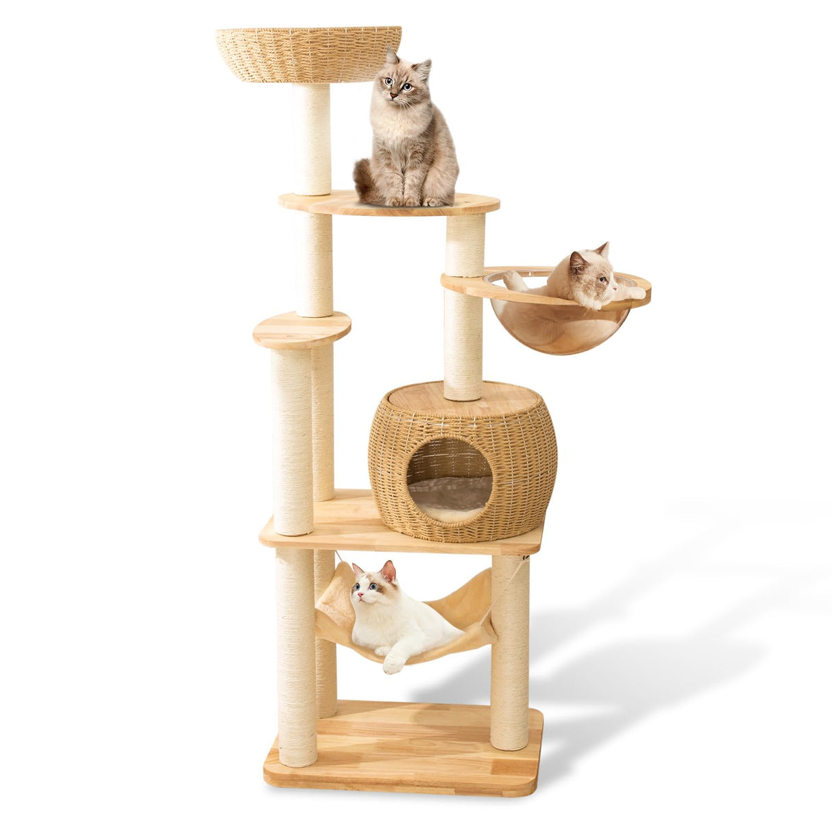 59" Big Modern Cat Tree Tower, Cat Tower Sisal-Covered Scratching Posts for Indoor Cats, Oak Wood Cat tree for Large Cats, Multi-level Cat Condo with Space Capsule Nest, Cat Furniture Activity Centre SHODMI