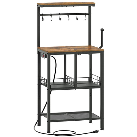 YATINEY Bakers Rack, 4-Tier Microwave Stand, Bakers Rack with Power Outlet, Kitchen Storage Rack with Wine Glass Holder and Paper Holder, for Kitchen, Dining Room, Living Room, Rustic Brown HB02UBR YATINEY