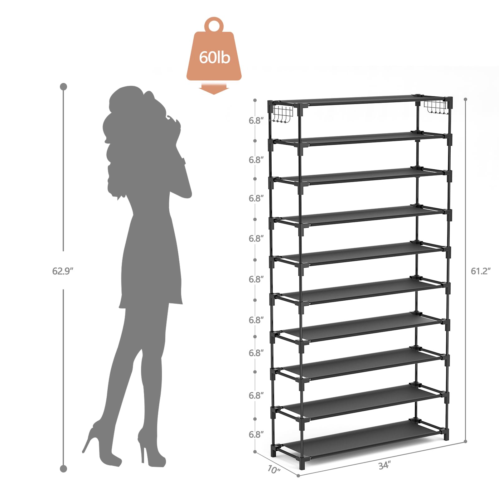 LANTEFUL 10 Tiers Shoe Rack 50 Pairs Large Capacity Tall Shoe Organizer Sturdy Shoe Storage with Two Hooks Space Saving Metal Wide Shoe Rack for Closet, Entryway, Bedroom, Black - WoodArtSupply