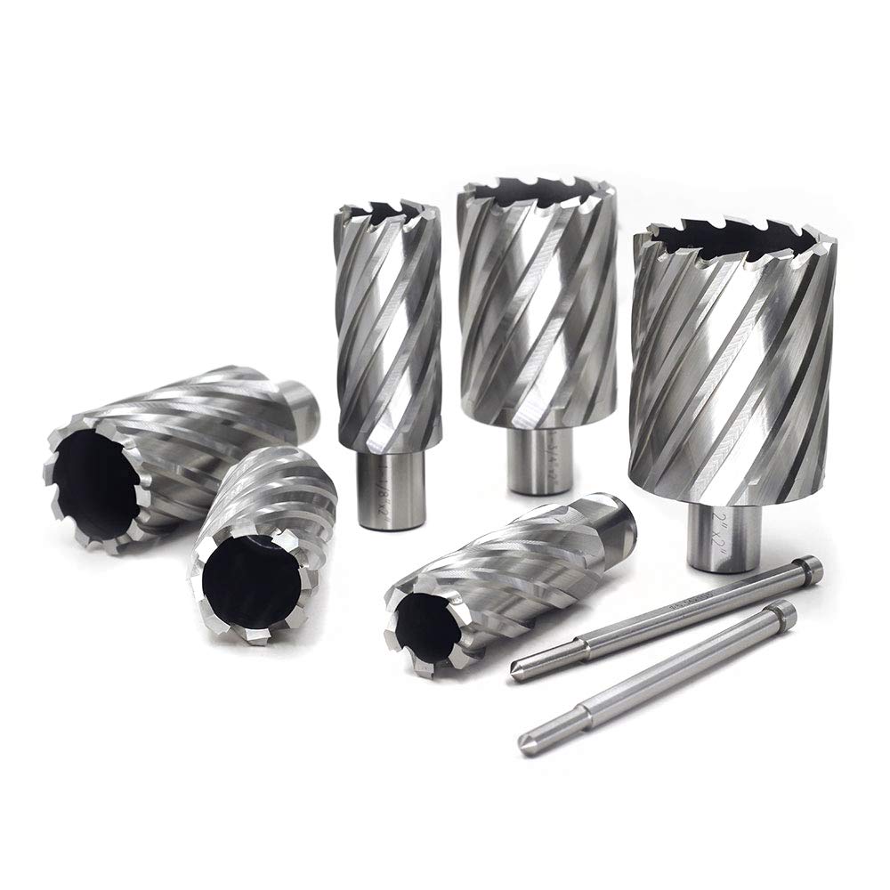 Annular Cutter Set 6pcs JESTUOUS 3/4 Inch Weldon Shank 2 Inches Cutting Depth 1 to 2 Cutting Diameter Two Flat HSS Slugger Bits for Drill Press with 2 Pilot Pins JESTUOUS