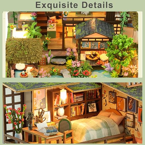 ISSEVE DIY Miniature House Kit, Tiny House Dollhouse Kit for Adults, Mini House Building Kits, Miniature Kit Adult Craft Diorama Kit Home Bookshelf Decoration, Birthday Gifts (Bamboo Spring Courtyard)
