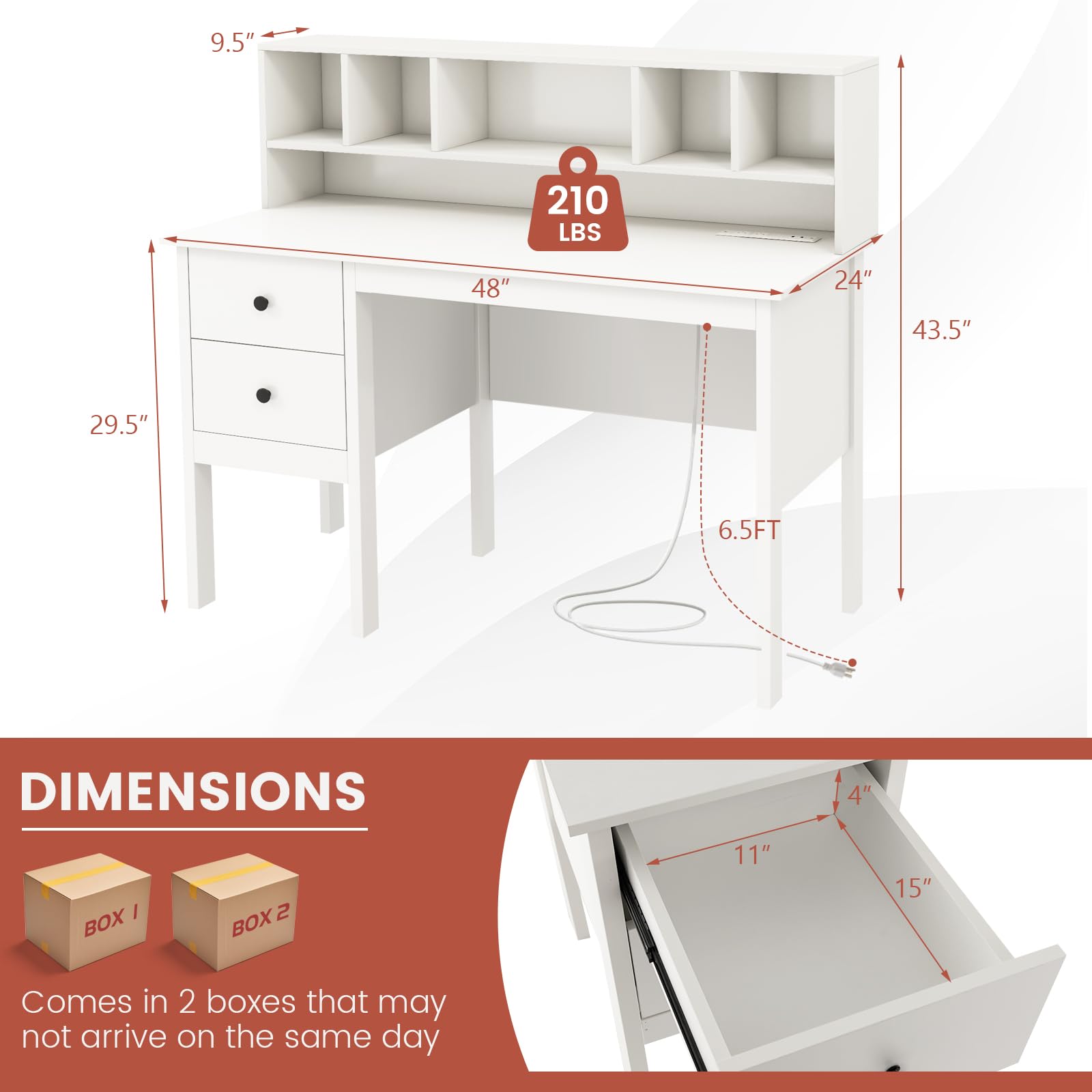 Tangkula White Desk with Drawers & Hutch, Modern Home Office Desk Writing Study Desk with Charging Station, Laptop Desk with 5 Storage Compartments, Computer Workstation Makeup Vanity Desk - Thumbnail 5
