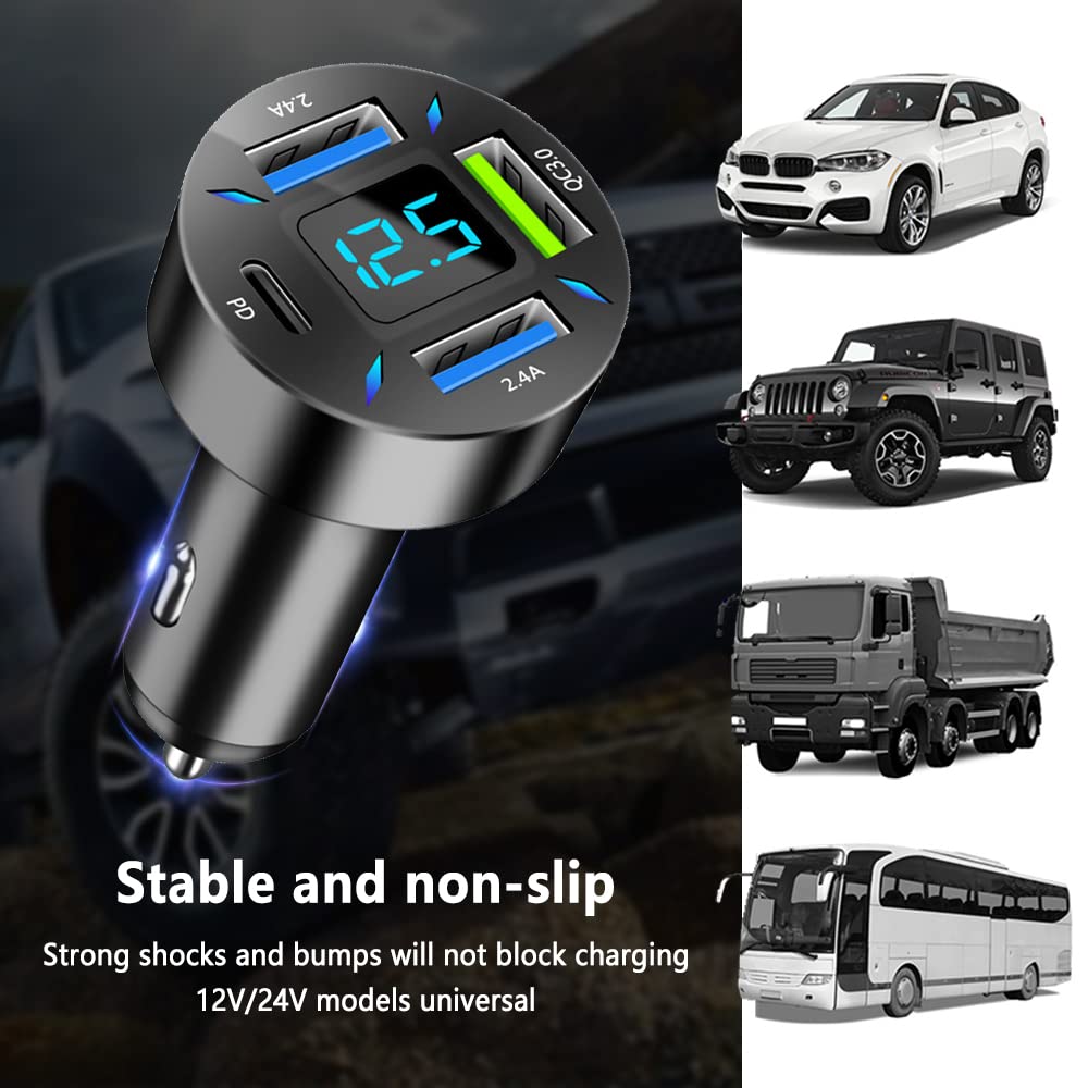 Car Charger 66W Super Fast Charging with USB PD&QC 3.0(Voltmeter&LED Lights) Universal Quick Charge for 12-24V Car Cigarette Lighter Plug,Compatible with iPhone 14 13 12,S22 S21 S20,iPad(Black)