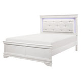 Benjara Teich Queen Bed, LED, Crystal Tufted Faux Leather Upholstery, White Wood Benzara