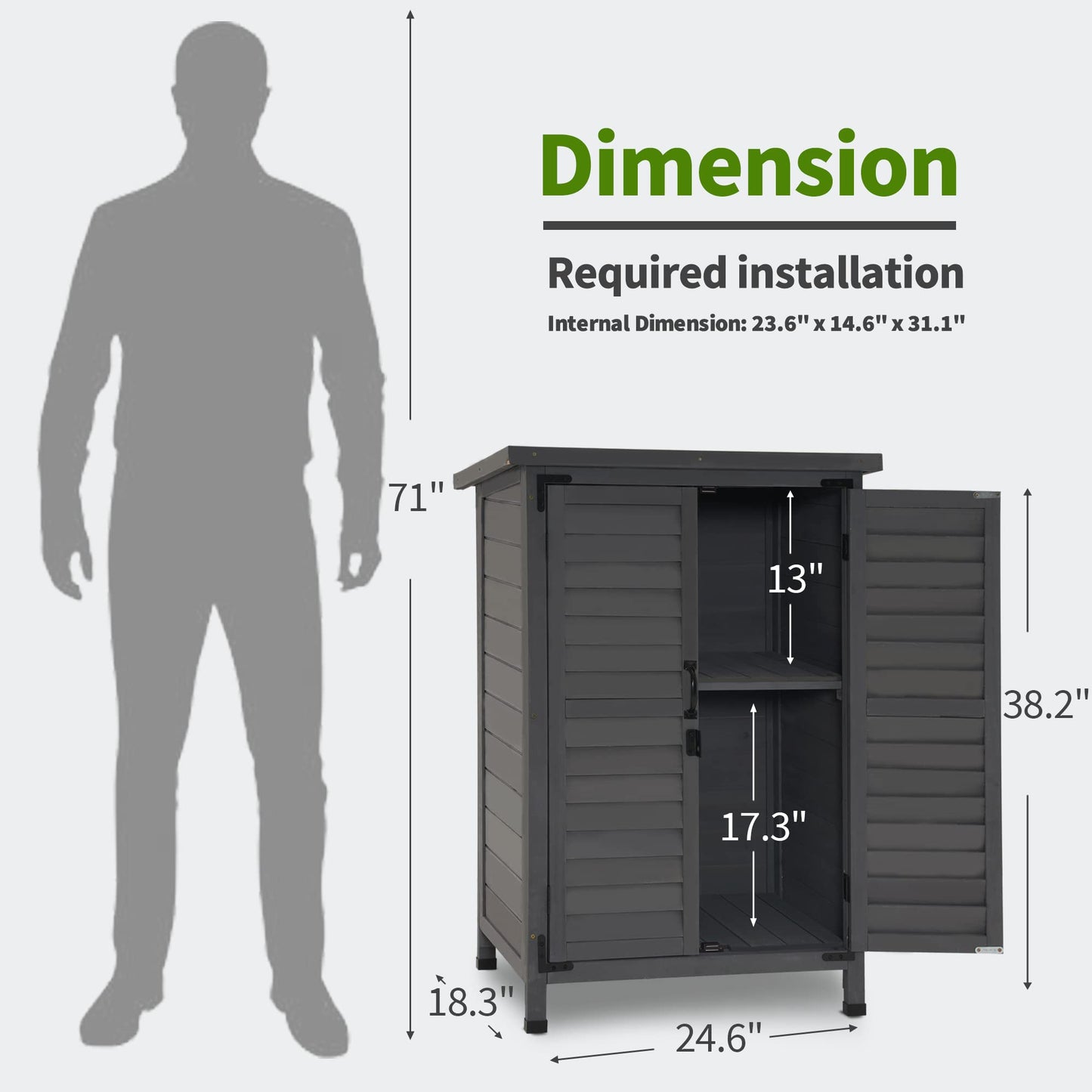 MCombo Outdoor Wood Storage Cabinet, Small Size Garden Wooden Tool Shed with Double Doors, Outside Tools Cabinet for Backyard (24.6”x 18.3”x38.2”) 0985 (Grey) - WoodArtSupply