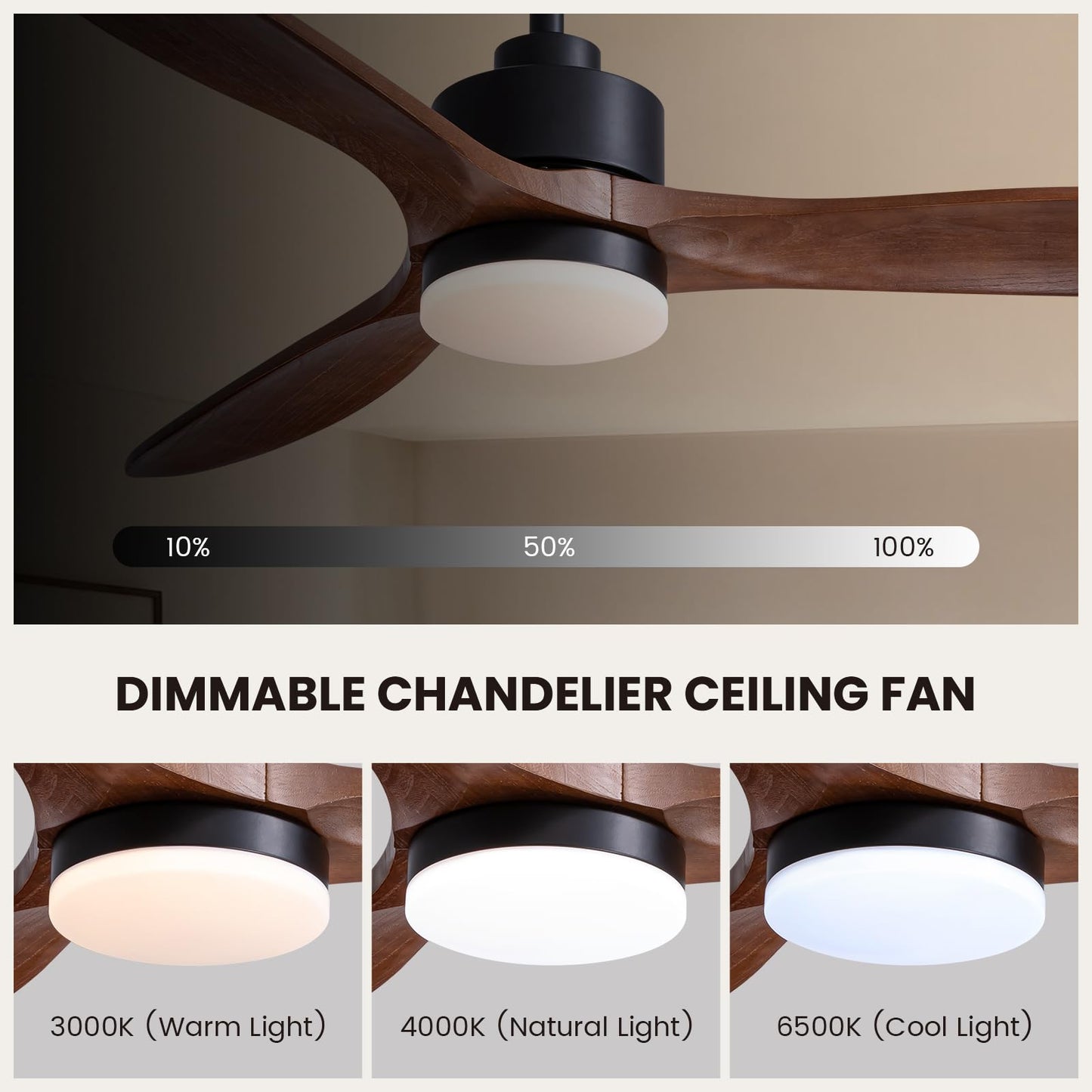 CROSSIO 52" Wood Ceiling Fan with Lights and Remote 3 Blades Modern Ceiling Fan 52inch Dark Brown Wood Fan Large Ceiling Fan with Lights Wooden Ceiling Fan for Bedroom Living Room Farmhouse Patio