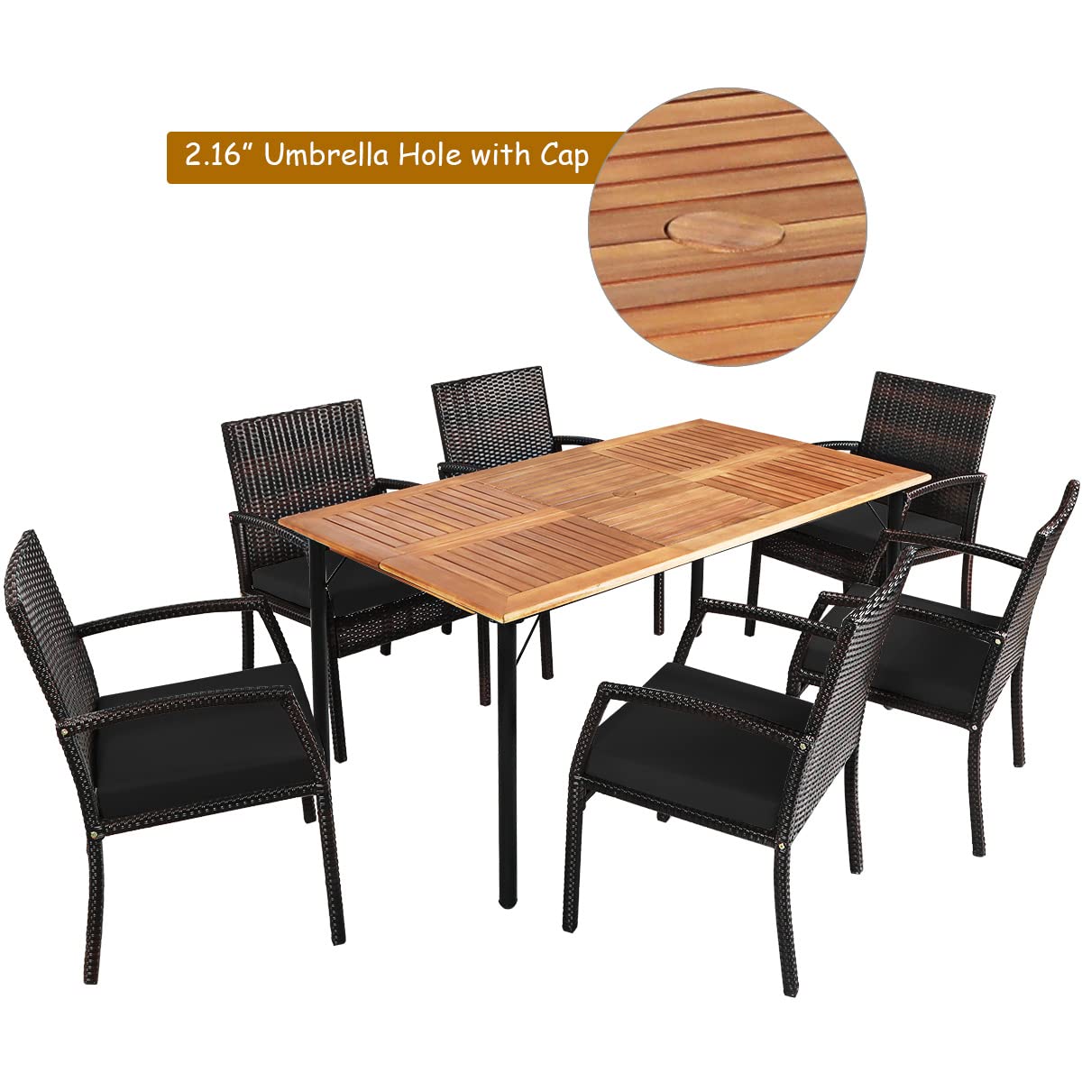 Tangkula 7 Pieces Patio Dining Set, Acacia Wood Wicker Dining Furniture Set with Steel Frame & Umbrella Hole, Outdoor Dining Table Chair Set with Removable Cushions for Backyard, Garden (Black) Tangkula