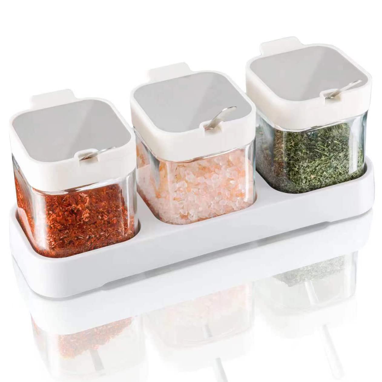 Mlici 8.6 oz Condiments Container Seasoning Jars, Kitchen Spicy Jars with Lids and Spoons, Tea Coffee Sugar Canisters Glass Spice Box, Set of 3, White