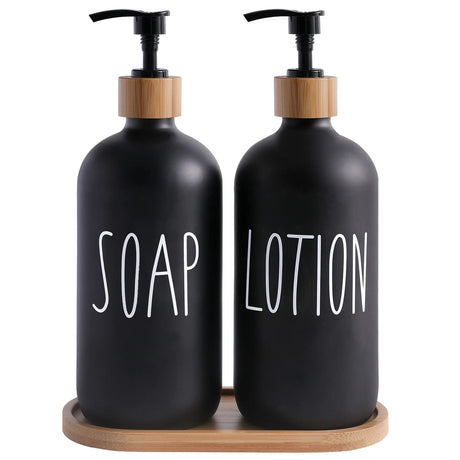 MOMEEMO Black Soap Dispenser Bathroom Set, Set with Glass Dispenser, Bamboo Pumps & Tray. Hand and Lotion Suitable for Farmhouse Decor. (Black) MOMEEMO