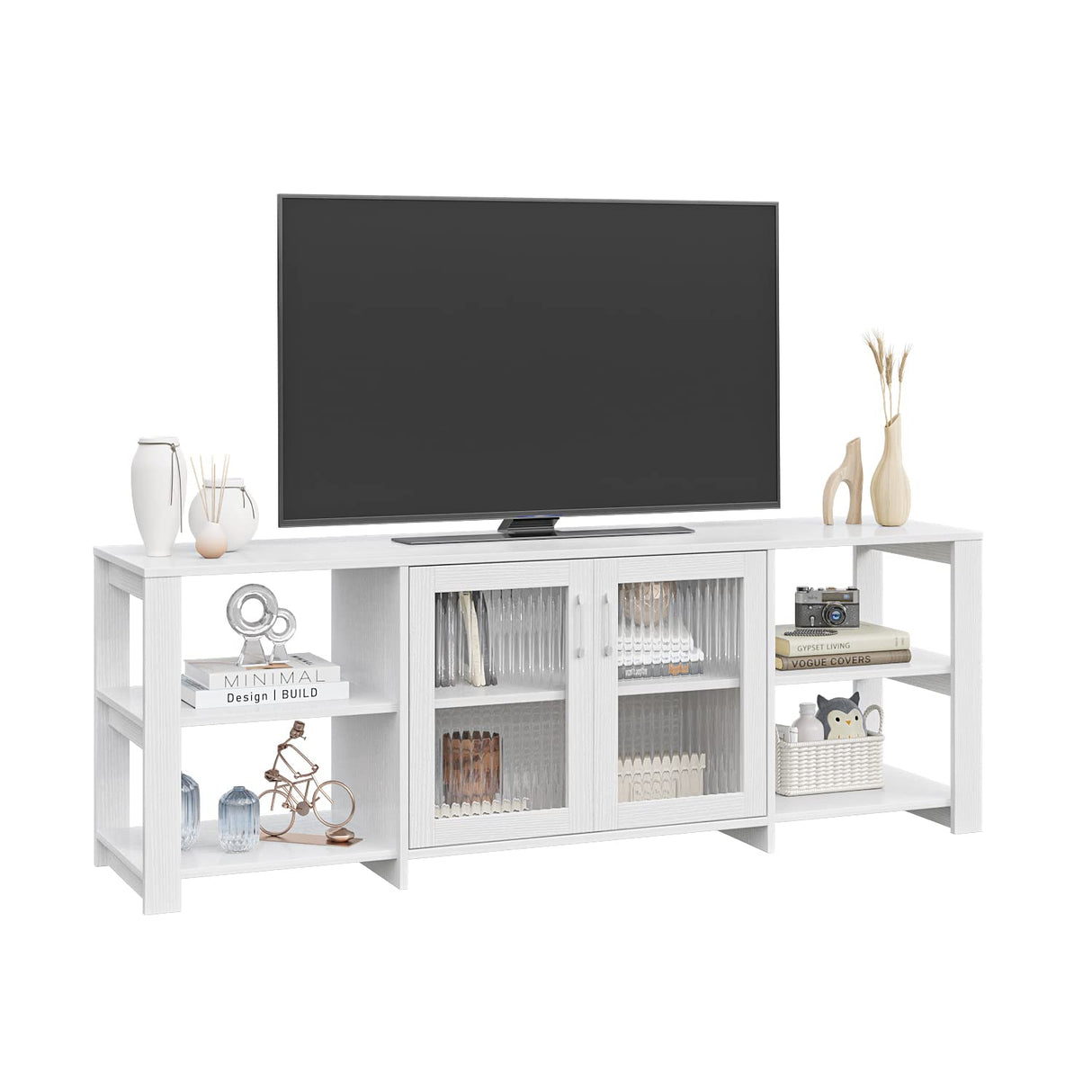 Panana TV Stand Television Stands Cabinet with 2 Doors 4 Open Cubby Storage Cabinets for Living Room Bedroom for TVs up to 70 Inches (White, 62.99 inch) Panana