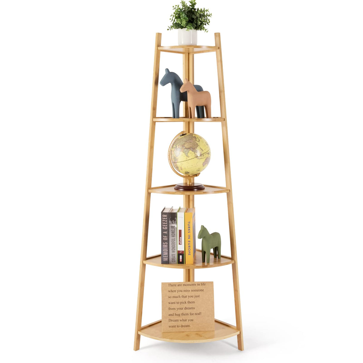 DRDINGRUI Bamboo Corner Shelf Stand for Display, 59'' Tall Storage Rack, 5-Tier Shelf for Organize DRDINGRUI