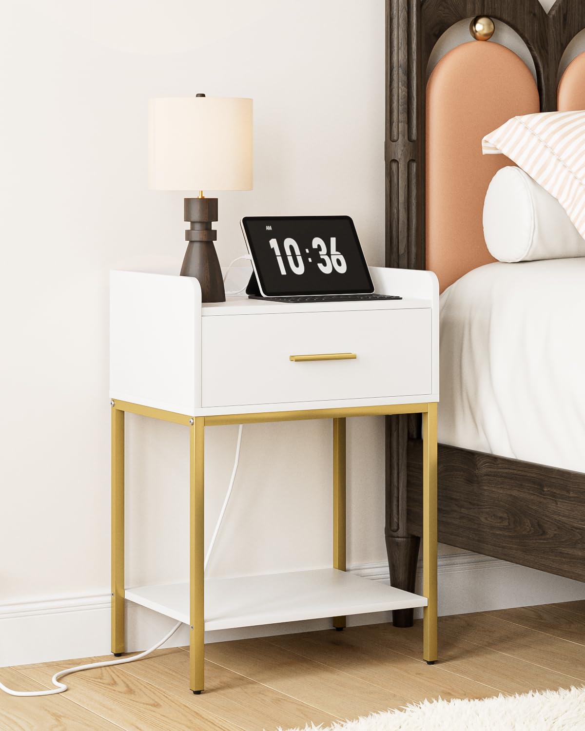 AEPOALUA Nightstand with Charging Station,Bedside Table with Drawer and 2 Shelf Storage, Small Side Table, Modern White Night Stand, Tall End Table for Bedroom, Living Room (White-Gold Legs) AEPOALUA