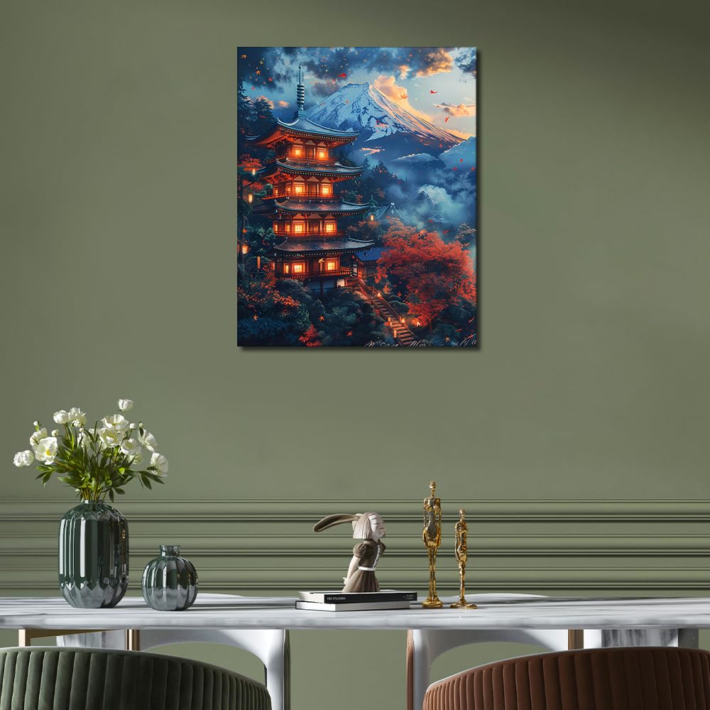 Mountain DIY Paint by Numbers for Adults, Japanese Style Cityscape Paint by Numbers Kits with Paintbrushes and Acrylic Pigment, 16X20 Inch Flameless Canvas Wall Decor Oil Painting for Friends Family TUMOVO