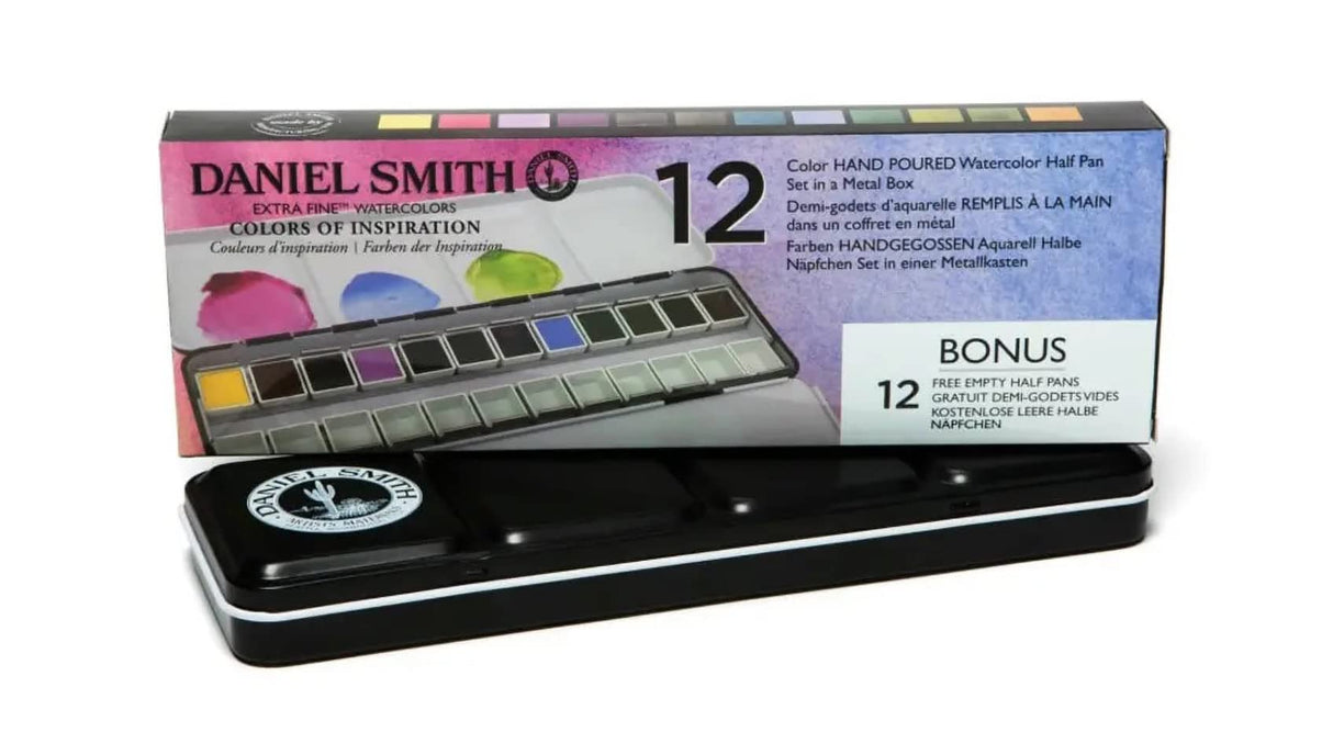 Daniel Smith 285650103 Extra Fine Inspirational Solid Watercolor Paint Set of 12 Half Pans, Metal Case and 12 Empty Containers DANIEL SMITH